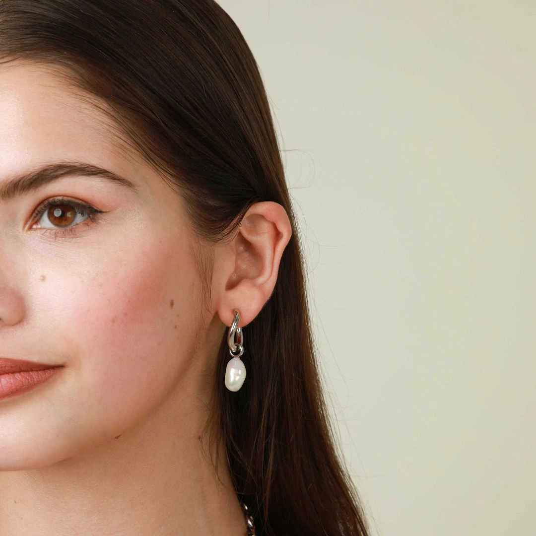 Astrid & Miyu Serenity Pearl Charm Hoops In Silver 4 Astrid & Miyu Serenity Pearl Charm Hoops In Silver