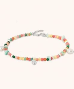 Astrid & Miyu Flow Beaded Anklet In Silver