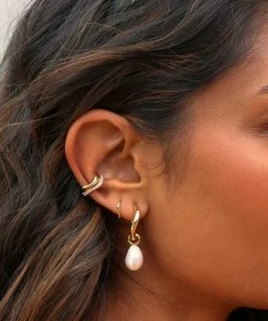 Astrid & Miyu New In Serenity Pearl Charm Hoops In Gold