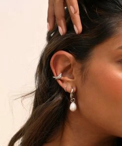 Astrid & Miyu Serenity Pearl Charm Hoops In Silver 15 Astrid & Miyu Serenity Pearl Charm Hoops In Silver