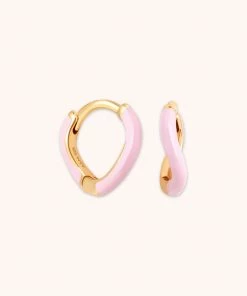 Astrid & Miyu Wave Pink Enamel Huggies In Gold New In