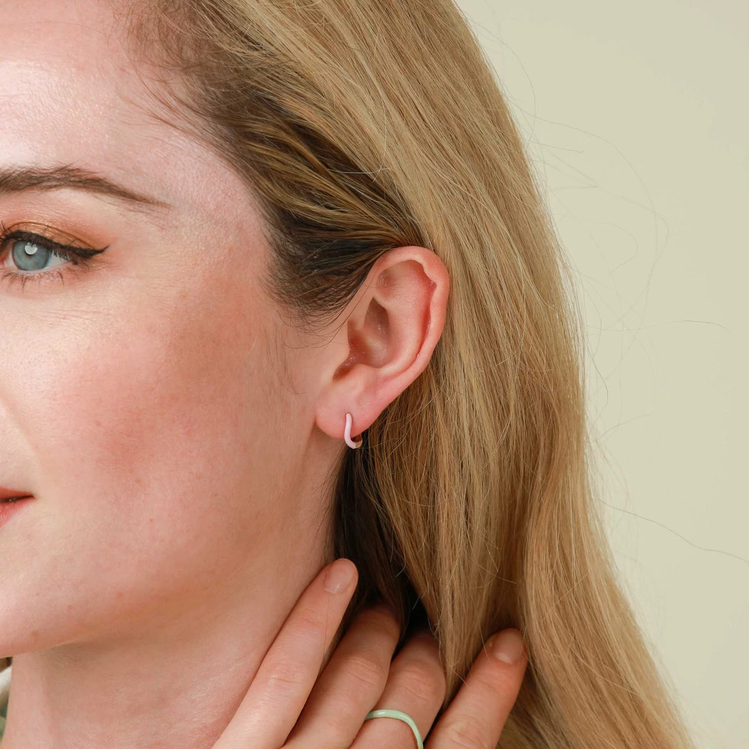 Astrid & Miyu Wave Pink Enamel Huggies In Silver New In 4 Astrid & Miyu Wave Pink Enamel Huggies In Silver New In