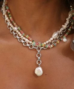 Astrid & Miyu Serenity Pearl Beaded T-Bar Necklace In Silver New In
