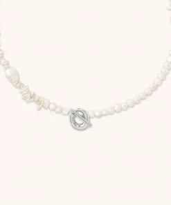 Astrid & Miyu Serenity Pearl Beaded T-Bar Necklace In Silver New In