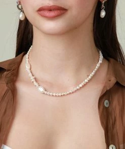 Astrid & Miyu Serenity Pearl Beaded T-Bar Necklace In Silver New In