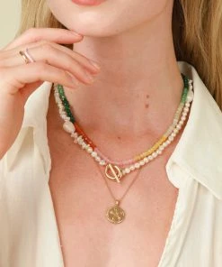 Astrid & Miyu Serenity Pearl Beaded T-Bar Necklace In Gold