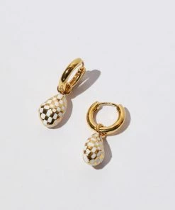 Astrid & Miyu Checkerboard Pendant Hoops In Gold 11 Astrid & Miyu Checkerboard Pendant Hoops In Gold