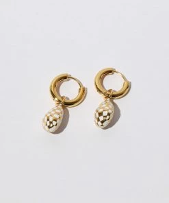 Astrid & Miyu Checkerboard Pendant Hoops In Gold 15 Astrid & Miyu Checkerboard Pendant Hoops In Gold