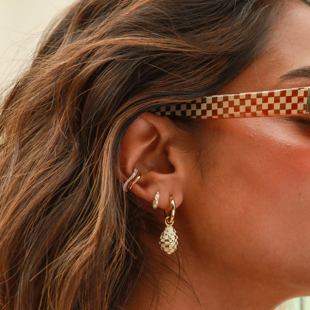 Astrid & Miyu Checkerboard Pendant Hoops In Gold 6 Astrid & Miyu Checkerboard Pendant Hoops In Gold