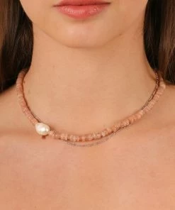 Astrid & Miyu New In Sunstone Beaded Necklace In Silver