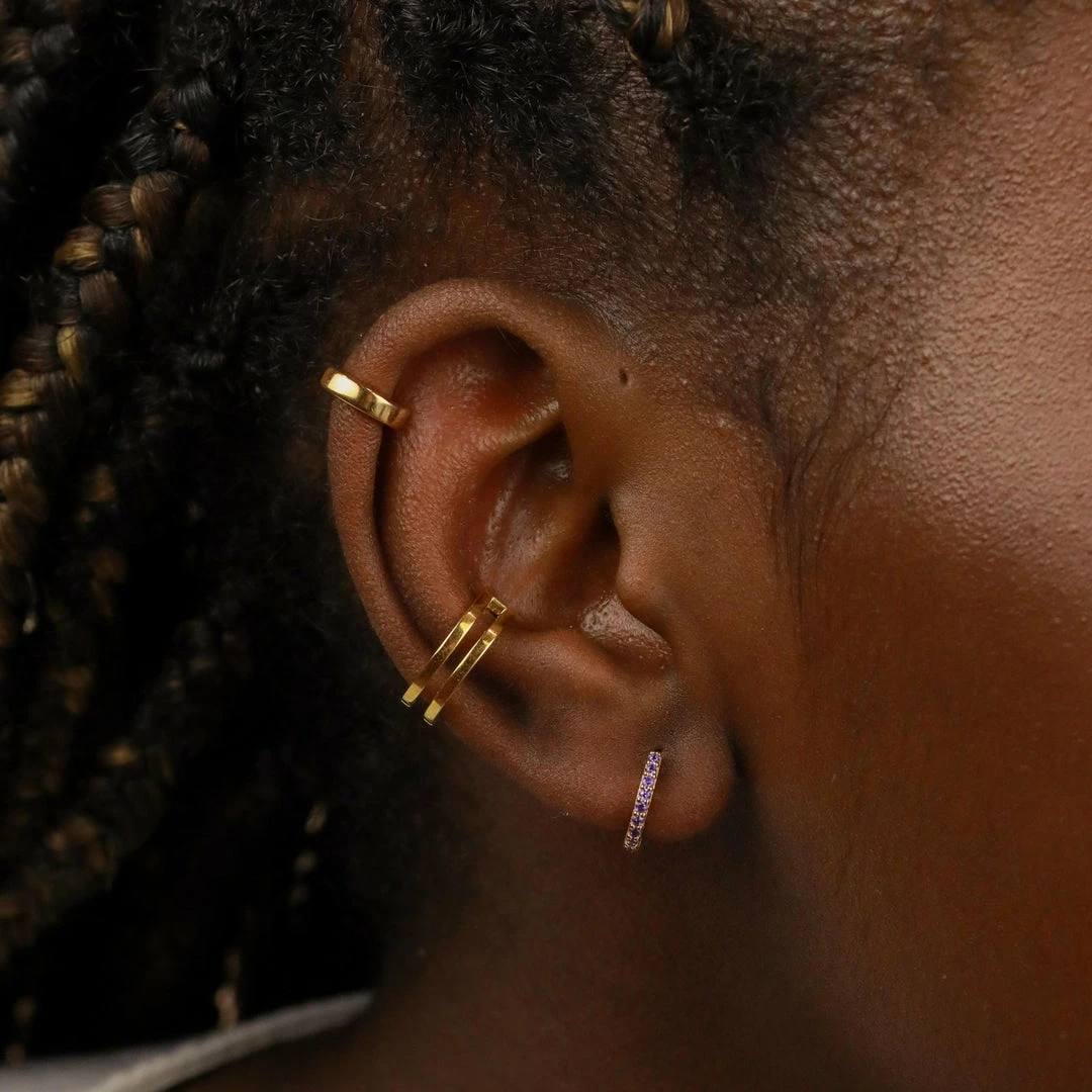 Astrid & Miyu February Birthstone Huggies In Gold With Amethyst CZ 4 Astrid & Miyu February Birthstone Huggies In Gold With Amethyst CZ