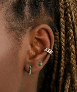 Astridandmiyu May Birthstone Huggies In Silver With Emerald CZ