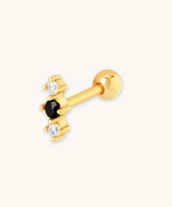 Astrid & Miyu Black Crystal Stacked Barbell In Gold
