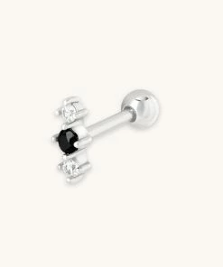 Astrid & Miyu Black Crystal Stacked Barbell In Silver