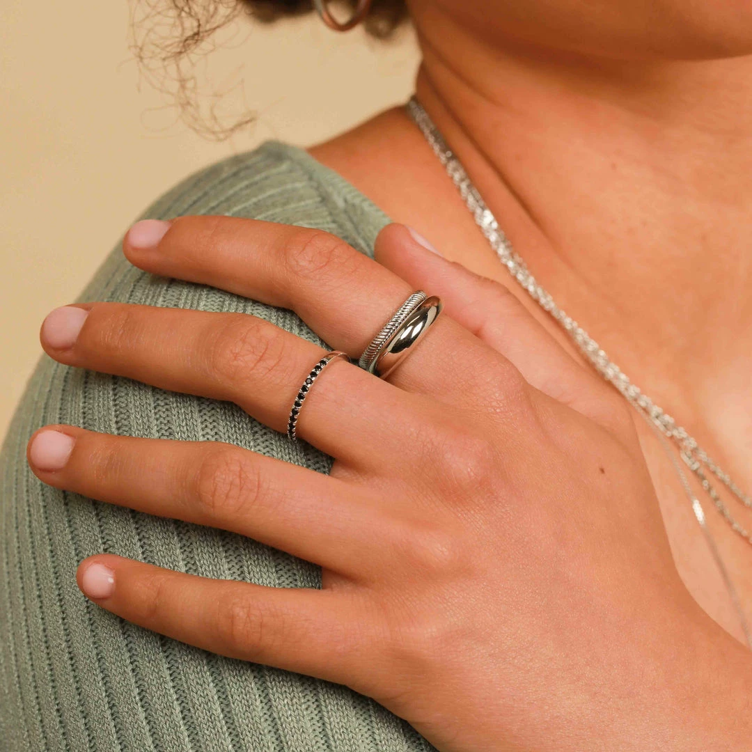 Astrid & Miyu Black Crystal Stacking Ring In Silver Sale 6 Astrid & Miyu Black Crystal Stacking Ring In Silver Sale