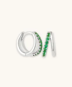 Astrid & Miyu Duo Emerald Huggies In Silver Earrings