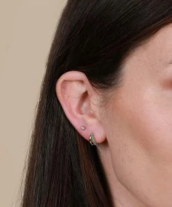 Astrid & Miyu Duo Emerald Huggies In Silver Earrings