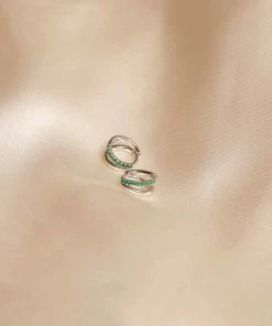 Astrid & Miyu Duo Emerald Huggies In Silver Earrings