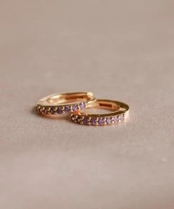 Astrid & Miyu February Birthstone Huggies In Gold With Amethyst CZ 8 Astrid & Miyu February Birthstone Huggies In Gold With Amethyst CZ