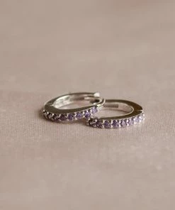 Astrid & Miyu February Birthstone Huggies In Silver With Amethyst CZ Birthstone Earrings