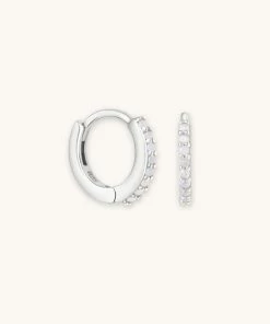 Astrid & Miyu June Birthstone Huggies In Silver With Moonstone CZ Birthstone Earrings