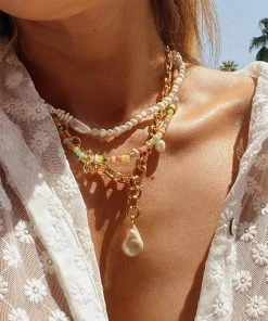 Astrid & Miyu Serenity Pearl Beaded T-Bar Necklace In Gold