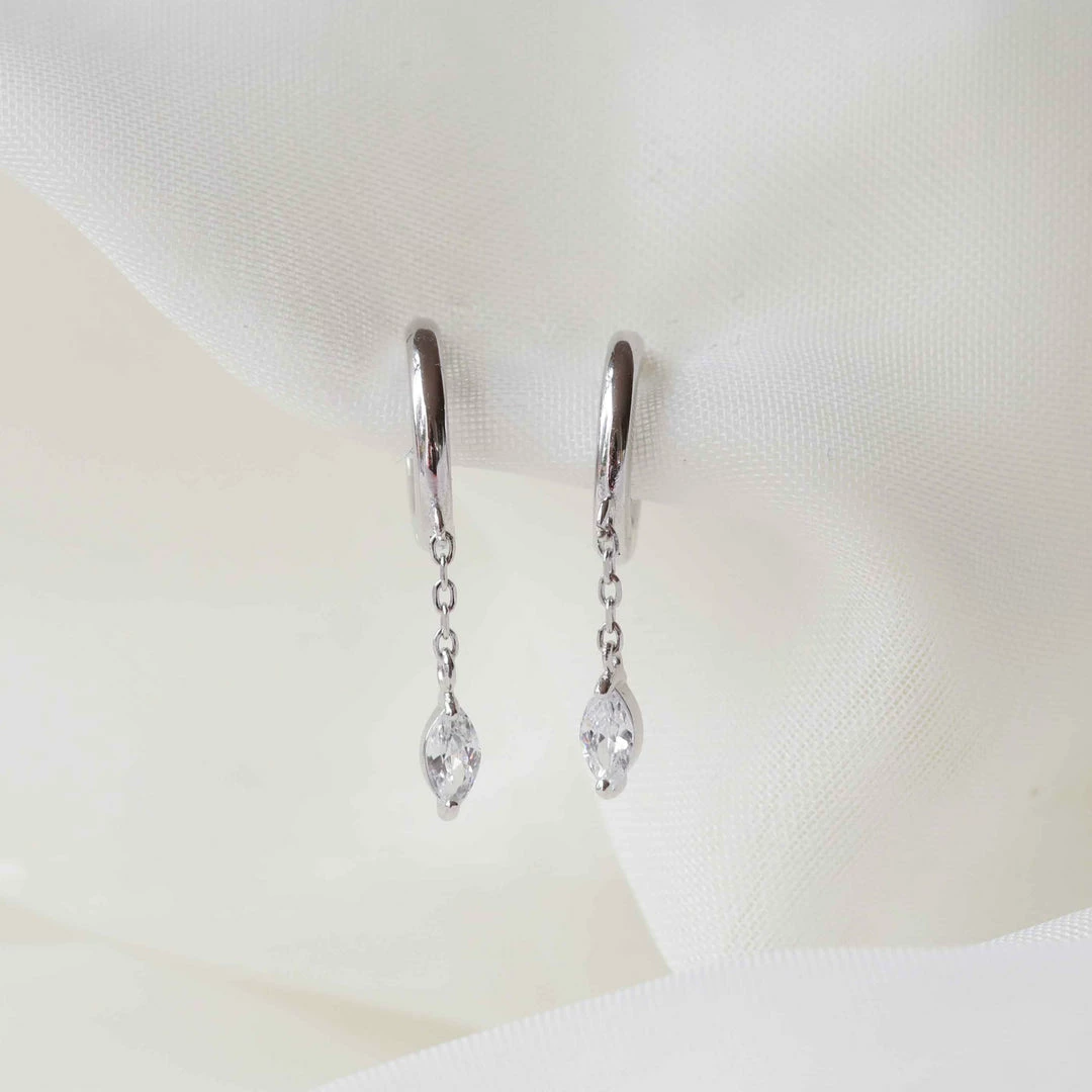 Astrid & Miyu Navette Long Chain Huggies In Silver Sale 5 Astrid & Miyu Navette Long Chain Huggies In Silver Sale