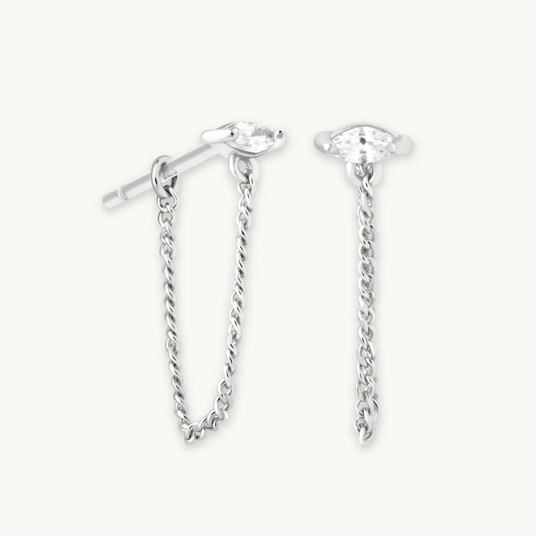Astrid & Miyu Navette Chain Stud Earrings In Silver 3 Astrid & Miyu Navette Chain Stud Earrings In Silver