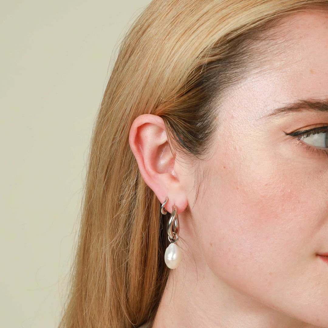 Astrid & Miyu Serenity Pearl Charm Hoops In Silver 7 Astrid & Miyu Serenity Pearl Charm Hoops In Silver