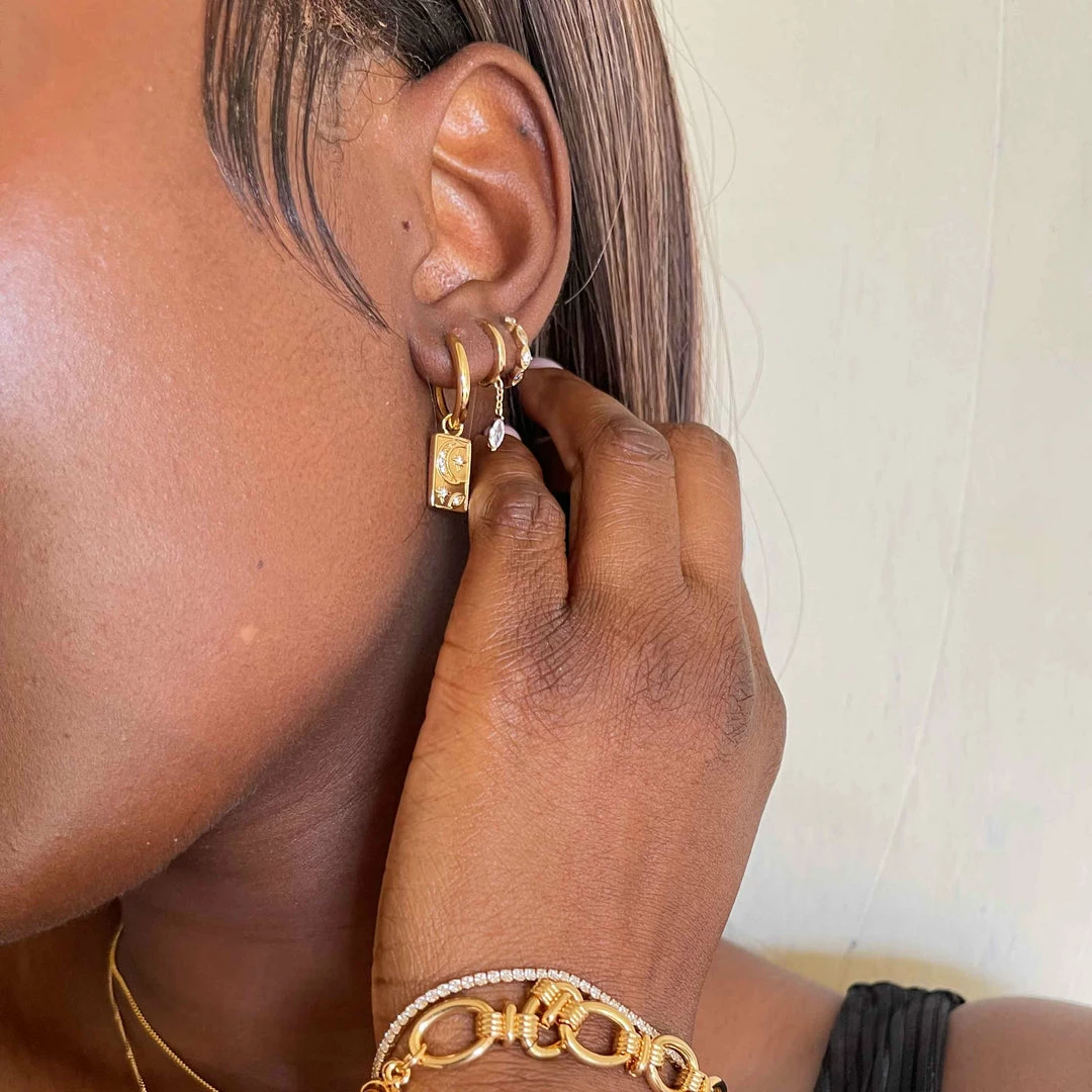 Astrid & Miyu Navette Long Chain Huggies In Gold Sale 7 Astrid & Miyu Navette Long Chain Huggies In Gold Sale