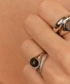 Astridandmiyu Rings Crystal Crescent Signet Ring In Silver