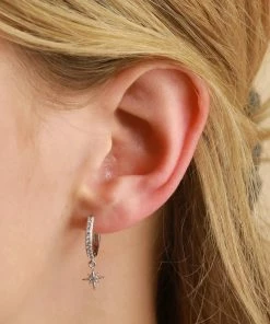 Astrid & Miyu Best Sellers Crystal Star Hoops In Silver