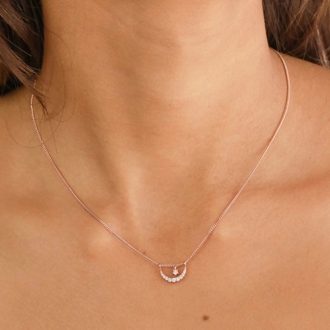 Astrid & Miyu Moon & Star Pendant Necklace In Rose Gold Sale 4 Astrid & Miyu Moon & Star Pendant Necklace In Rose Gold Sale